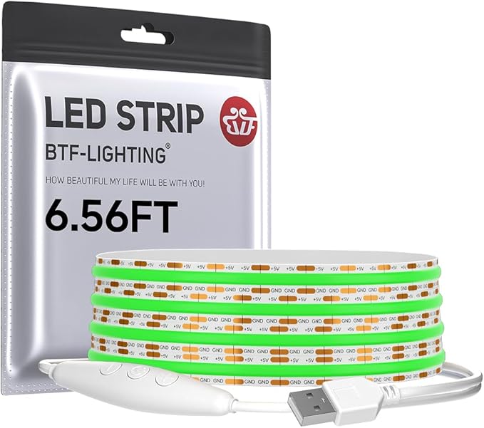 BTF-LIGHTING FCOB COB FOB LED Strip Lights 5V USB Powered 6.56FT 640LEDs Green Color 8mm Width Dimmable CRI 90+ with 3M Tape Flexible High Density for 3D Printer TV Backlight PC DIY Decor