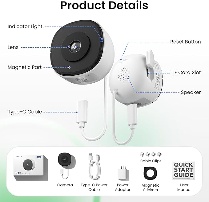 2K No Drill Window Camera-2 Pack 2.4Ghz & 5Ghz WiFi Dome Cameras for Home Security for Indoor & Outdoor Monitoring, Color Night Vision, Human Detection, 24/7 Recording, Ideal for Apartment, K1