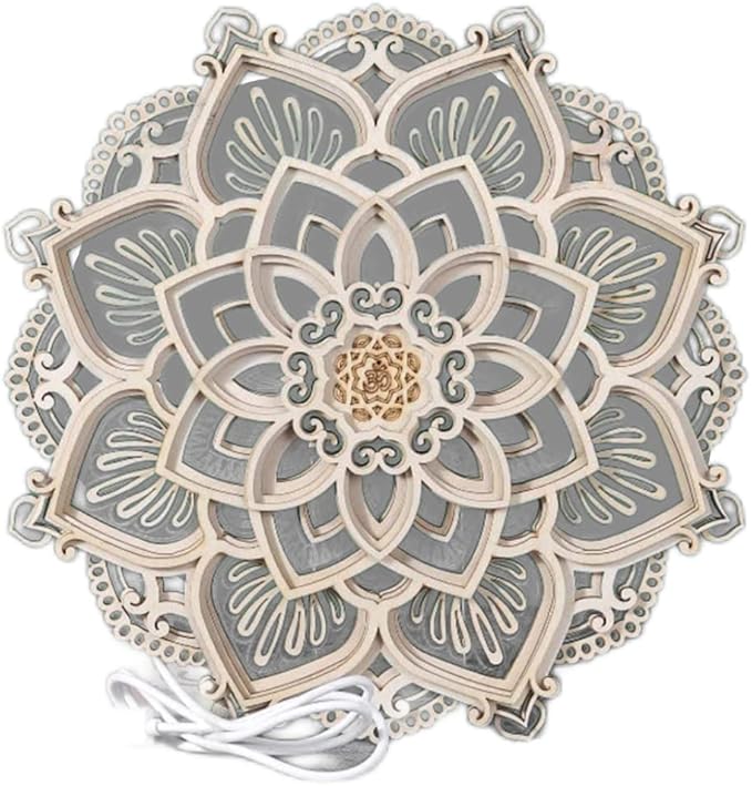 Ckuakiwu Mandala Yoga Room Night Light Led, Yoga Room Led Night Light, Creative Dream Wooden Hanging Wall Light Living Room Bedroom Wall Decoration, Diameter 11.8Inch