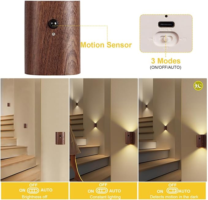 LANDGOO 1-Pack Wood Step Light with Motion Sensor, Rechargeable Stair Night Light, Sapele Wood 2700K Warm White LED Wall Lamp, Easy No-Wire Installation for Hallway Bedroom