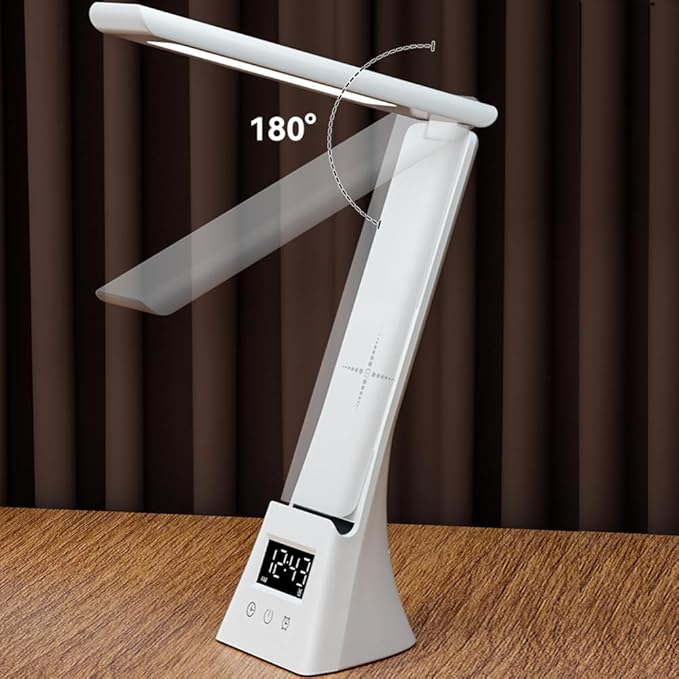 IHAO 3in1 Foldable Eye-Care Desk Lamp with 15W Wireless Charger & Digital Clock Touch Control, 3 Color Temperatures, Alarm, 180° Foldable, Phone Stand, Modern LED Table Lamp TYV-2088 Black