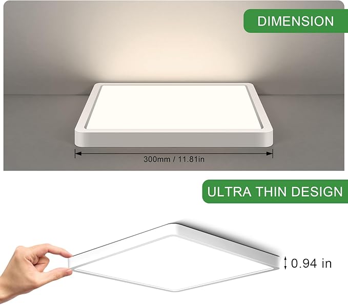 12Inch 24W Square LED Ceiling Light Fixtures Flush Mount, 4000K Natural White LED Ceiling Lamp, Surface Mount Modern Ceiling Lights, Slim Flat Panel Lighting for Bedroom, Kitchen, Bathroom Etc.