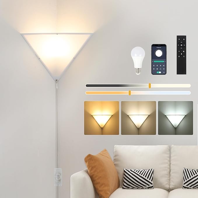 Dimmable Corner Lamp with Remote & Smart Bulb, Plug in Ceiling Light with Cord, Led Corner Lights for Living Room Bedroom Basement Office, Room-Saving Wall Light, Safe for Kids & Pets Design