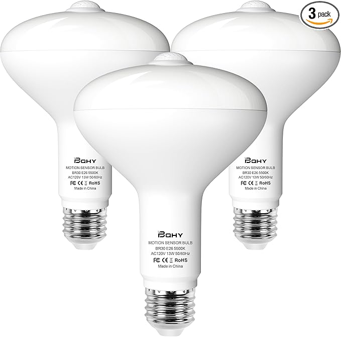 Motion Sensor Light Bulbs, 5500K Daylight Motion Activated Dusk to Dawn Security Light Bulb, 13W(100W Equivalent) E26 BR30 Security LED Bulb Outdoor/Indoor, 3 Pack