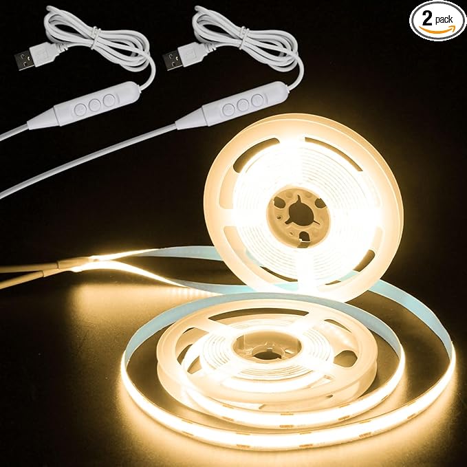Aclorol COB LED Strip Light 5V USB 6.56FT/2M 640LEDs Dimmable LED TV Backlights Warm White 3000K with 8mm Width Cuttable for Display Cabinet Living Room Entertainment DIY Lighting Decoration (2 Pack)