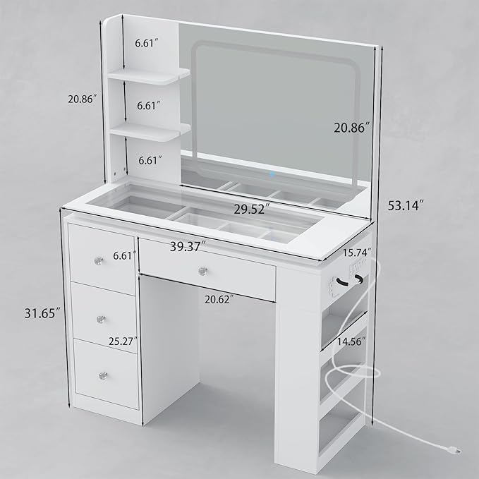 Vanity Desk with Mirror and Lights,Transparent Top Vanitys with 2 RGB Drawers, A Variety of Lighting Modes Brightness Adjustable,Power Outlet, Side-Mounted Large-Capacity Storage, White
