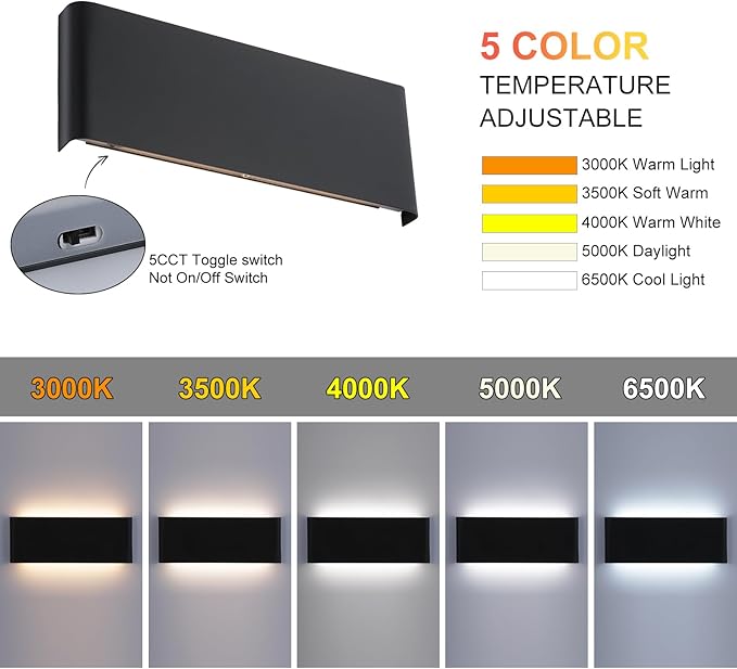 15"Modern LED vanity light,20W Dimmable 5 CCT (3000K-6500K) Adjustable Wall Lamp,Up and Down Wall Lighting,Indoor Wall Sconce for Bedroom,Staircase,Hallway,Dressing Table,1 Pack（Black）