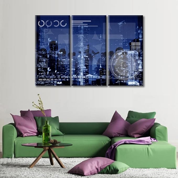 TUMOVO Networking Medias Concept Pictures Home Decor Smart City Paintings Wall Art for Living Room 3 Pieces Wall Decor Posters and Prints Stretched and Framed Ready to Hang (42" Wx28 H)