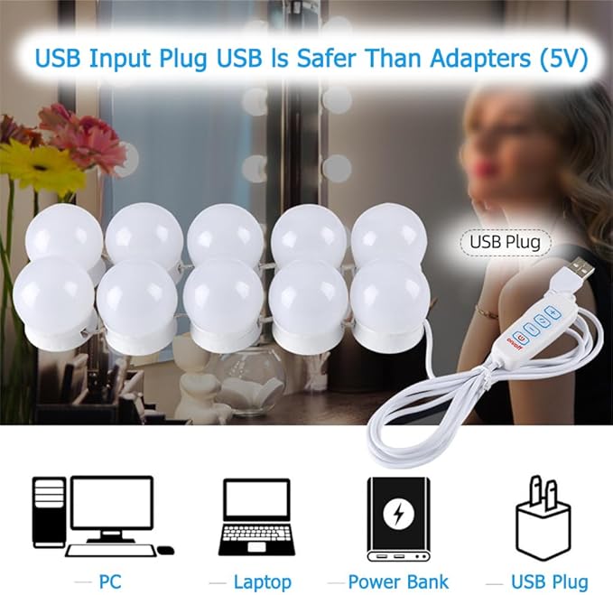 LED Vanity Lights for Mirror, Hollywood Style Vanity Lights with 10 Dimmable Bulbs, Adjustable Color & Brightness, USB Cable, Mirror Lights Stick on for Makeup Table Dressing Room