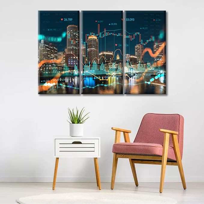 TUMOVO Concept of International Trading Art Home Decor Posters and Prints Glowing Forex Hraph Hologram Paintings Wall Art for Living Room 3 Pieces Rustic Home Decor Ready to Hang (36" Wx24 H)