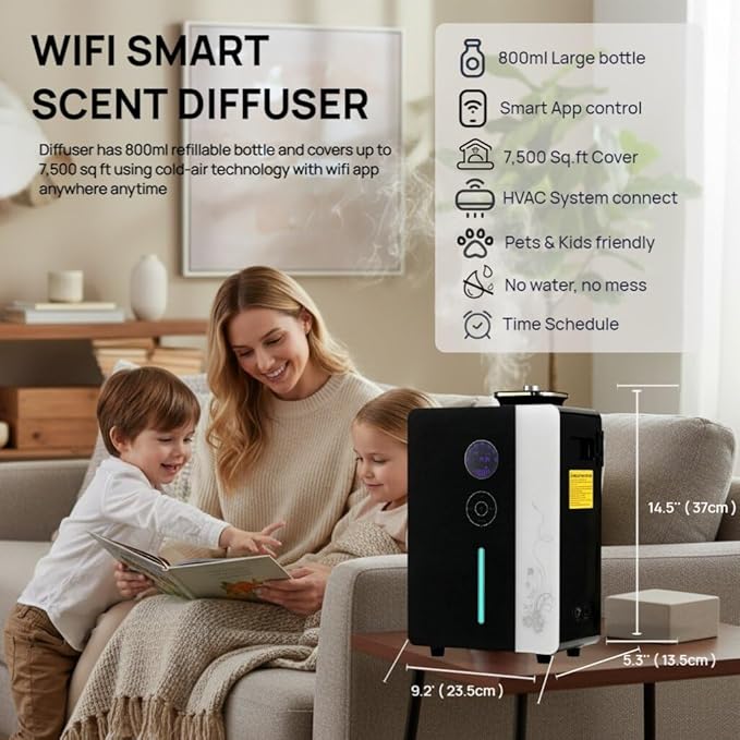 Diffuser - WiFi Air Machine for Home & Commercial Use, Covers 7500 sq. ft., Waterless Cold- Air Nebulizing HVAC Oil Diffuser for Large Room, Hotel, Spa, Office