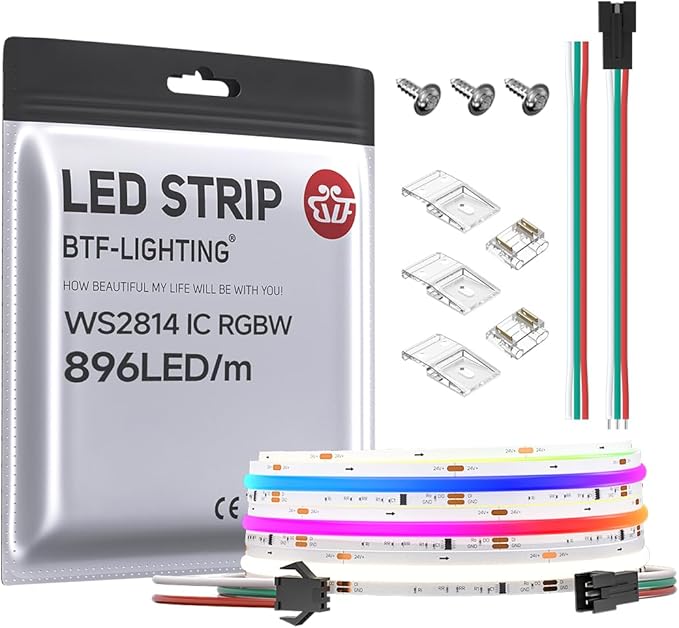 BTF-LIGHTING FCOB COB LED Strip WS2814 IC RGBW 4000K Flexible High Density Color Chasing Uniform Light 9.8FT DC24V 896LED/m 16IC/m 12mm Width for Home DIY Lighting Projects(No Adapter or Controller)
