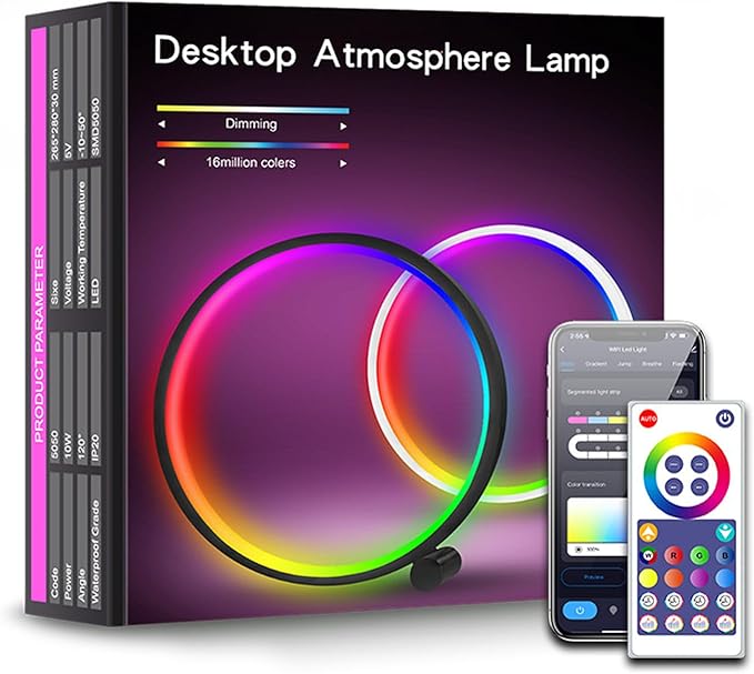 White LED Intelligent Color Changing Circular Table Lamp -16 Million RGB DIY Mode and Modern Game Light, with Music Synchronization, Voice Control, Computer Desk and Home Office Decoration