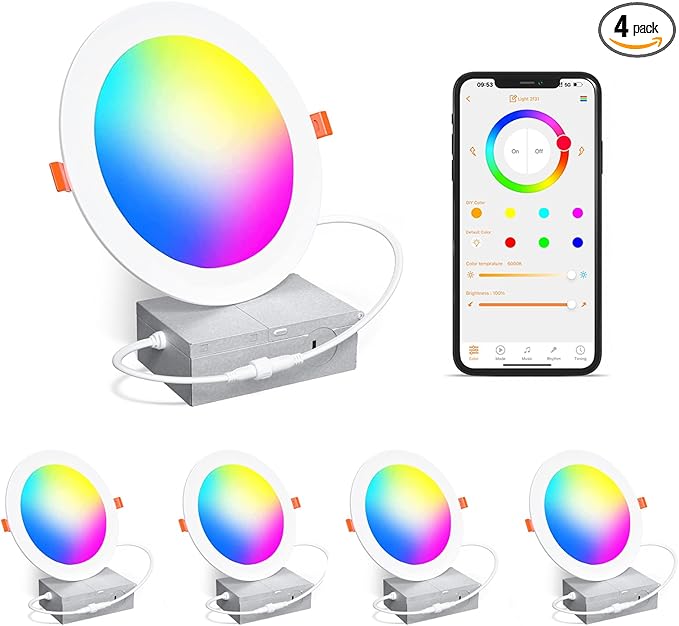 Smart Recessed Lighting 4 Inch RGBCW Color Changing 12W LED Recessed Ceiling Light with Junction Box,2700 K-6000K,1080LM Canless Downlight Compatible with Alexa,Dimmable by Bluetooth Control (4 Pack)
