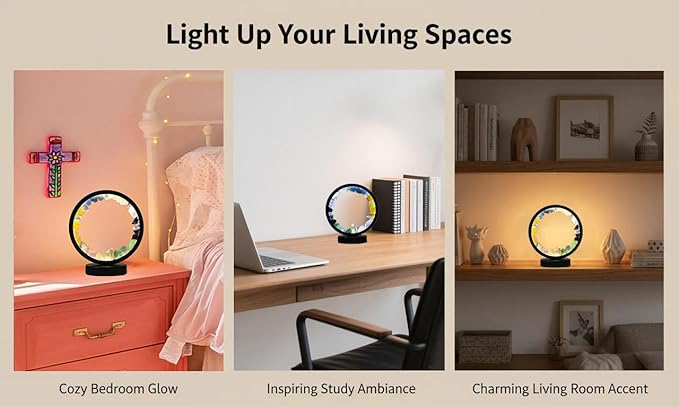 AMOYSTONE Natural Chakra Crystal Night Light with USB, Mixed Stones Round Meditation Lamp with 3-Color Control for Bedroom, Office & Home Decor (Push Button Switch)