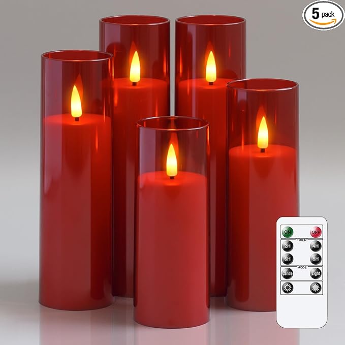 Acrylic Flameless Flickering Candles with Remote Control and Timer, Battery Operated LED Fake 2.2" x 5",6",7",8",8" Plastic Pillar Candles for Home Decor(Long-Lasting, Red)