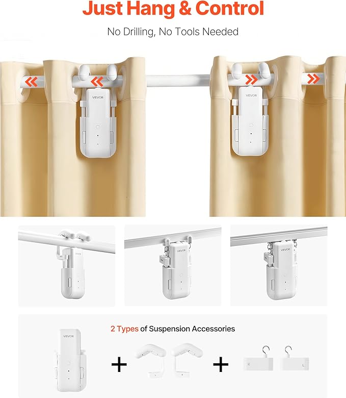 VEVOR Automatic Curtain Opener, 2 Pack, APP and Remote Control, Hub Included, Electric Smart Curtain Opener Compatible with Alexa and Google Home, Timed Opening and Closing, for Roman Rods, U/I Rails