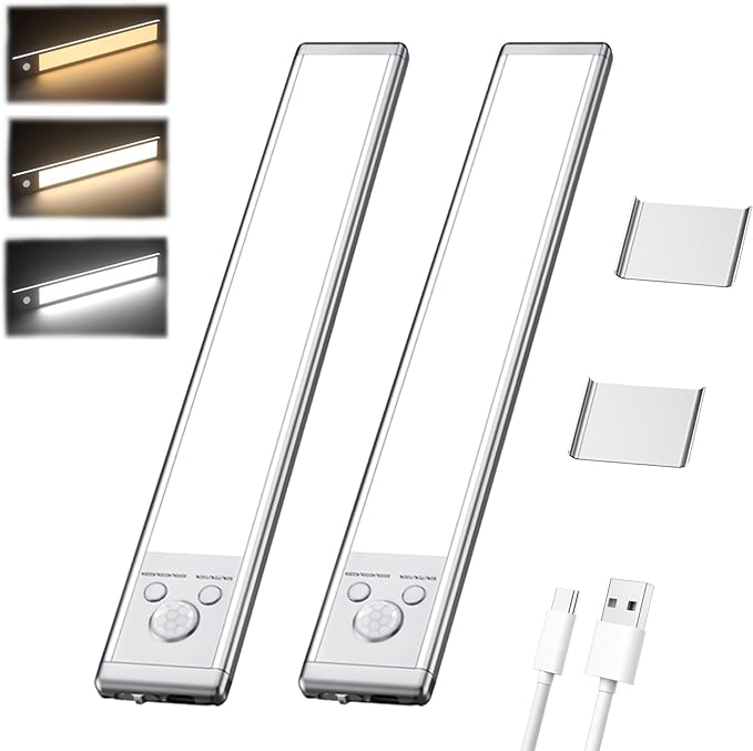 Intelligent Motion Sensor Light Strip, Punch-Free Smart Sensor Magnetic Rechargeable LED Lights Kit, Under Cabinet Night Light for Closet, Kitchen, 3 Dimmable Brightness & Color (2 Pack)