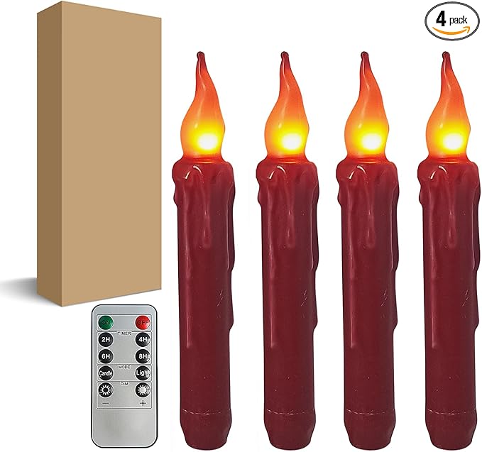 Burgundy Flameless Short Taper Candles, Real Wax Hand Dipped Dark Red LED Battery Operated with Remote, Flickering Flame Lights for Festival Home Décor, 6.7 Inch Primitive Flameless Candles, 4PCS