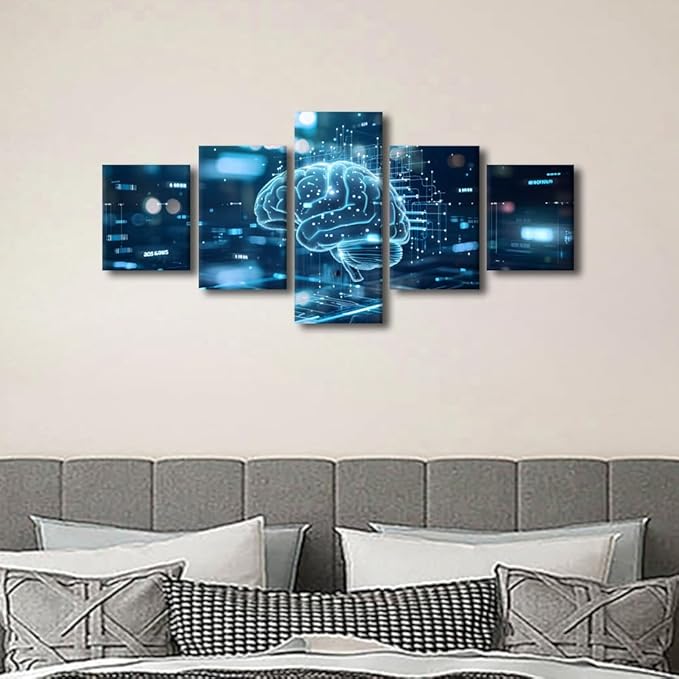 TUMOVO 5 Panel Digital Human Brain With Connection Lines on Blue Background Canvas Paintings Artificial Intelligence Pictures for House Wall Decor House Decorations Living Room Bedroom 50" Wx24 H
