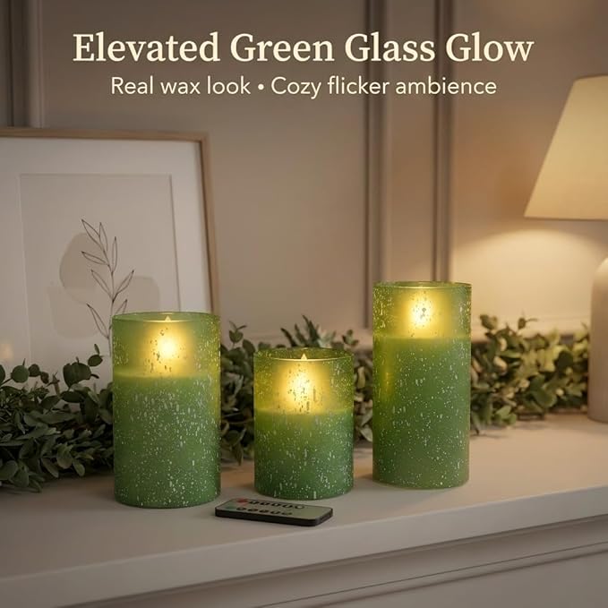 Green Flameless Candles with Remote, Glass Flickering Battery Operated LED Pillar Candles with Timer, Real Wax, Set of 3 x4/5"/6"