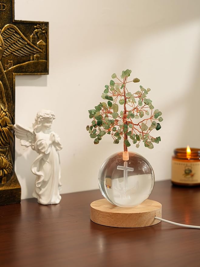 Crystal Tree of Life for Positive Energy, Chakra Healing Tree with Remote Control Multicolor Night Light for Home Decor, Office Desk Decor, Religious Gifts for Women Men (Cross & Hands)