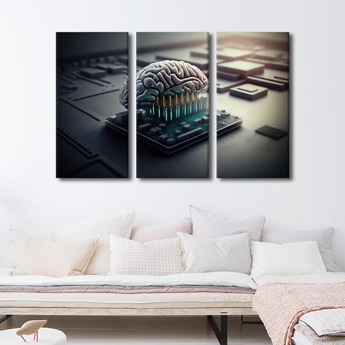 3 Pieces AI Canvas Wall Art Human Cyborg Brain bBeing Used with Computer Chip Pictures Print On Canvas for Living Room Bedroom Wall Decoration, Stretched Framed, 42" Wx28 H