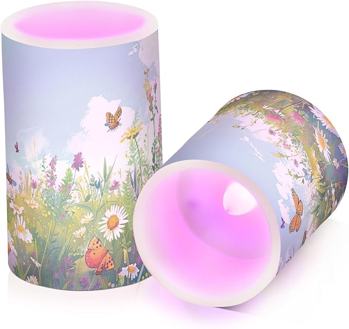 Doodle Flower and Butterfly Pattern Flameless Candles Color Changing LED Candles with Remote Control Battery Candles for Outdoor and Indoor Home and Room Decoration, 3'' x 4''/5'' Set of 2 Piece