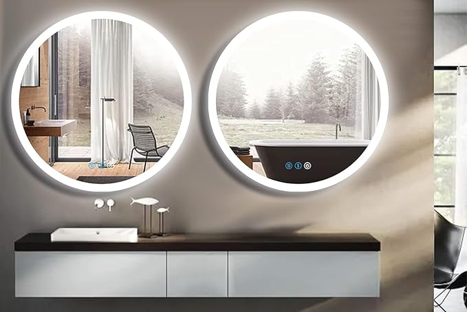 32 Inch Backlit LED Round Mirror with Lights 3 Color Adjustable Brightness AntiFog Frameless 32" Round Circle Lighted Vanity Mirror for Bathroom Wall Circle Rounds Light up Smart Mirrors