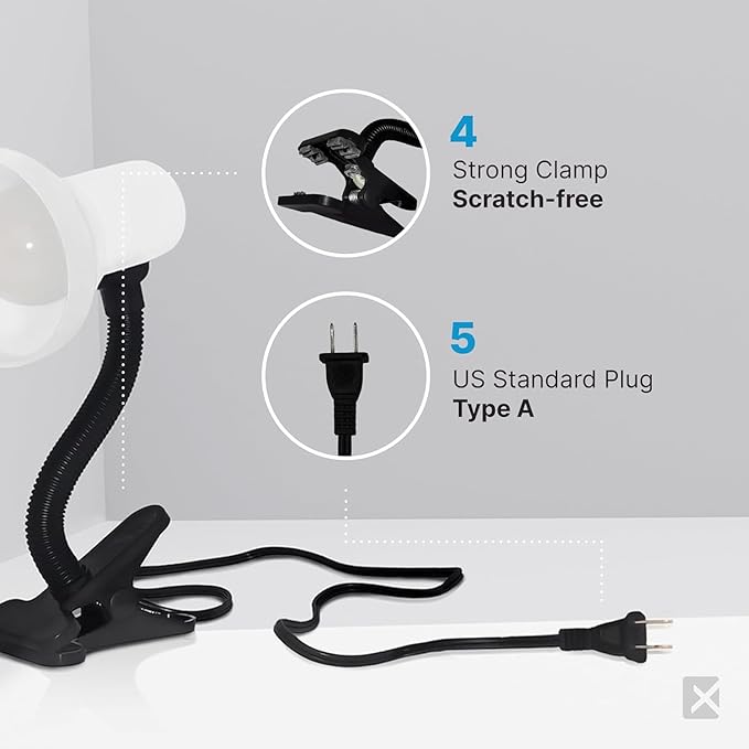 Xtricity LED Clip on Desk Lamp with 360° Flexible Gooseneck, Reading Light for Bed Headboard– A19 Bulb Included, 120V, On/Off Switch, 10.25” Height Table Lamp with White Finish