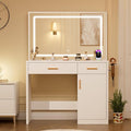 DUMOS Vanity Desk with 35.4" LED Mirror and Lights, Makeup Vanity Table with Charging Station (2AC/USB/C), 2 Drawers & Large Cabinet, 3 Lighting Color Adjustable, Modern Dressing Table, White