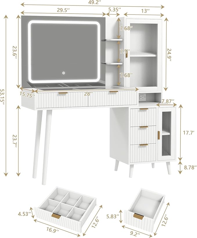 White Vanity Desk with Mirror and Lights, 49" Fluted Wood Makeup Vanity Table with Modern Glass Top, Charging Station, 5 Drawers, 2 Cabinet with Adjustable Shelves, Salon Station