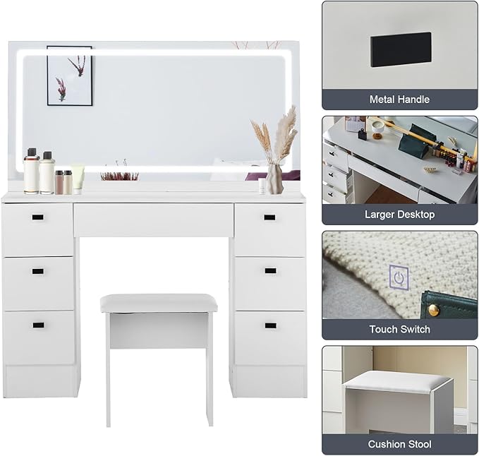 Makeup Vanity Desk with Large Lighted Mirror, Makeup Table with 7 Drawers, Touch Control 3 Color Modes & Adjustable Brightness LED Strip, Bedroom Dressing Table with Cushioned Stool (White)
