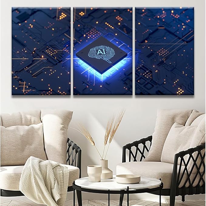 LSIUHWUWI Wall Art Painting Artificial Intelligence, Artificial Intelligence Concept Pictures Print on Canvas 3 Panel Canvas Wall Art AI Artwork Ready to Hang 16x24inchx3