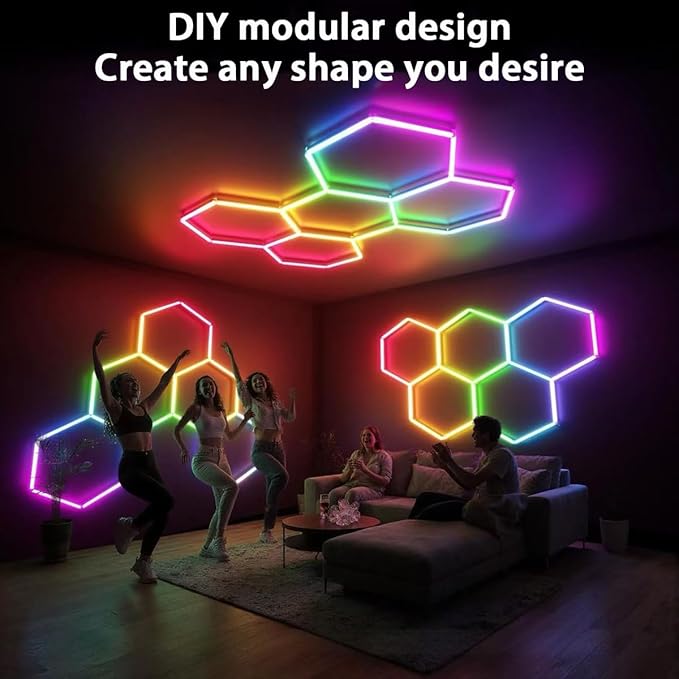 25 Pack RGB Hexagon Garage Light Kit, 5 Hex Panels with Music Sync, Color Changing LED Lighting, App & Remote Control, DIY Honeycomb Design for Garage, Gym, Workshop, Gaming Room