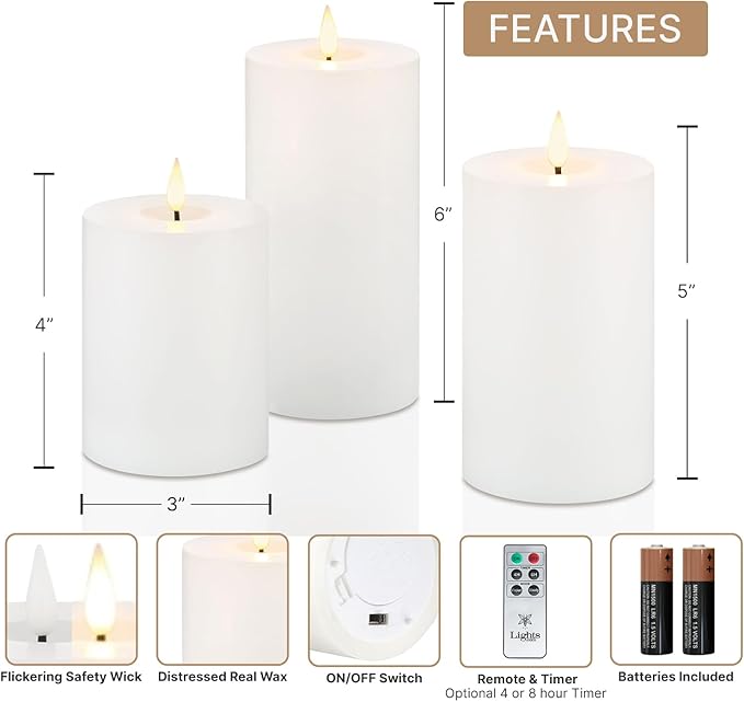 LampLust Realistic Flameless Pillar Candles with Remote, Set of 3, Batteries Included, Real White Wax, 3D Flickering LED Flame, 3 Inch Pillar Candles, Spring Decor, Centerpieces for Tables
