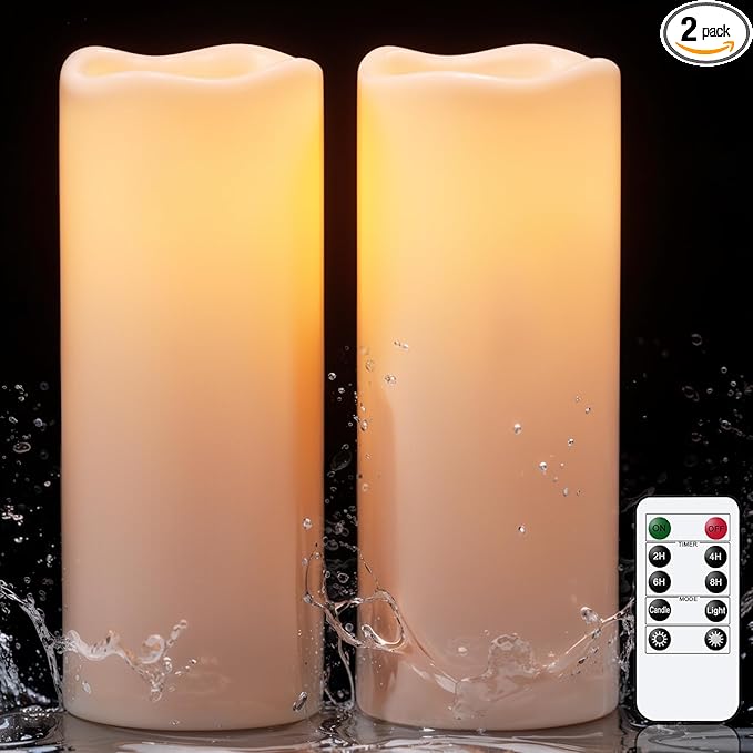 Outdoor Candles Waterproof with Remote Timer, 10” x 4” Large Battery Operated Candles, LED Pillar Flameless Outdoor Candle for Lartern Porch Patio Gardern Decor (Set of 2)
