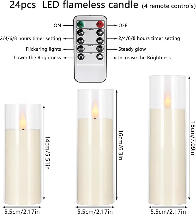 24-Pack LED Flameless Candles(14/16/18cm) with 4 Timers Remote - 3D Flickering Flame, Clear, Perfect Decor for Home & Events.