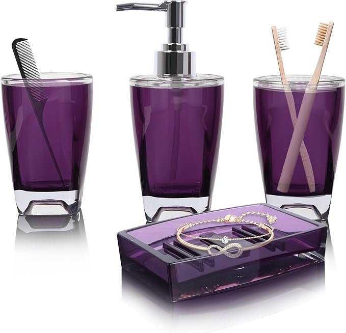 4-Piece Classic Purple Acrylic Bathroom Accessories Set — Soap Dispenser, Toothbrush Holder, Soap Dish & Mouthwash Cup, Vanity Countertop Organizer for Purple Boho Bathroom Decor