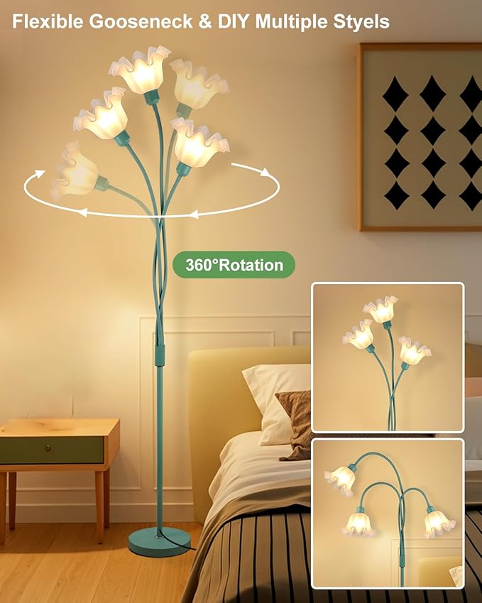 Flower Floor Lamp for Living Room, Modern Tree Floor Lamp with Adjustable Heads, 3 Light 3000K Soft Warmwhite Mid Century Standing Tall Lamp for Bedroom Kids Room-Green