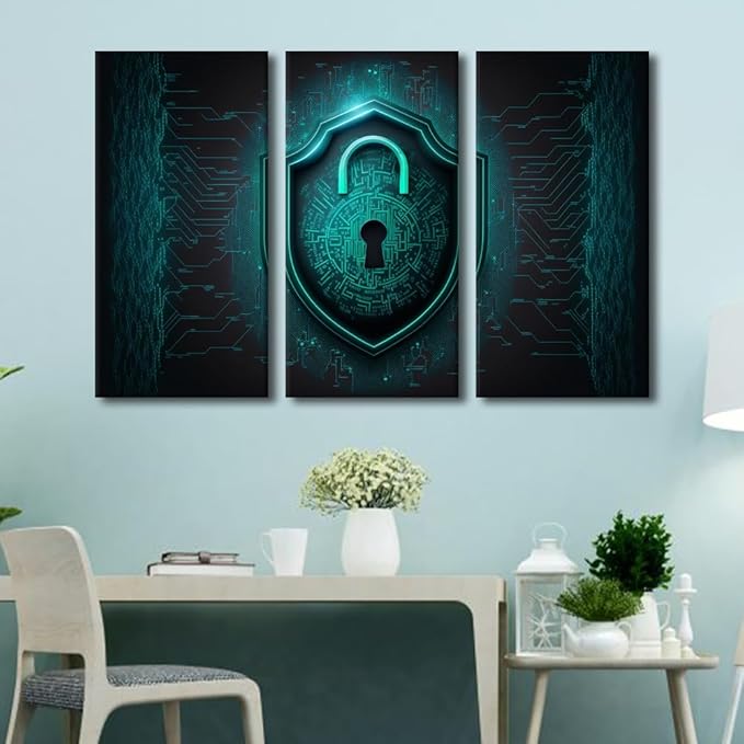 3 Panel Framed Wall Art Data Security Protection Cybersecurity Internet Network Locker Technology Posters Picture Print on Canvas for Bedroom Living Room, Framed Ready to Hang, 60" Wx40 H