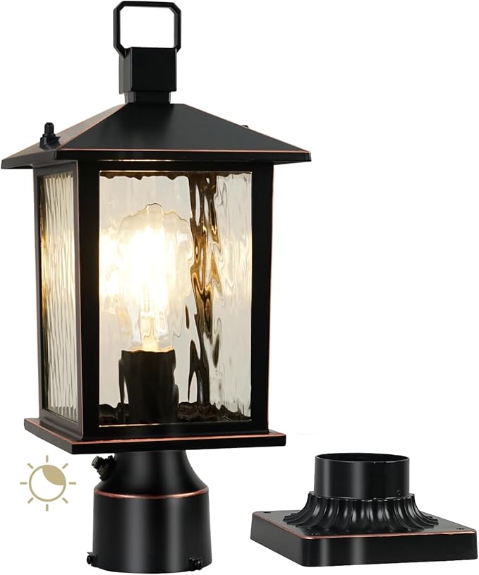 Dusk to Dawn Outdoor Post Light, Hardwired Oil-Rubbed Bronze Pole Lantern with Pier Mount Base, Water Ripple Glass, 17'' Waterproof Lamp Post Light Fixture for Driveway, Pathway, Yard