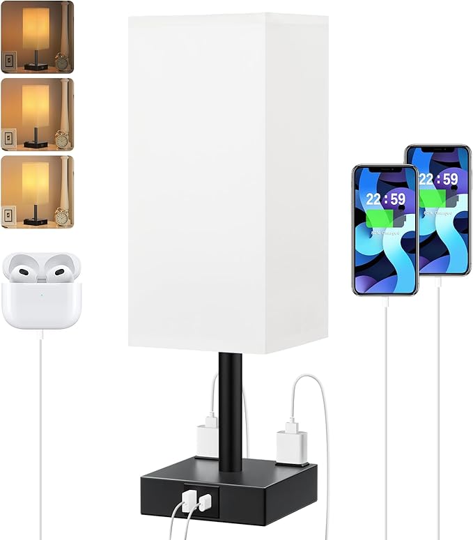 Touch Bedside Table Lamp for Nightstand - 3-Way Dimmable Night Lamp with USB A + Type C Charging Ports and Two AC Outlets, Small Desk Light with E26 LED Bulb for Bedroom Living Room,White Black