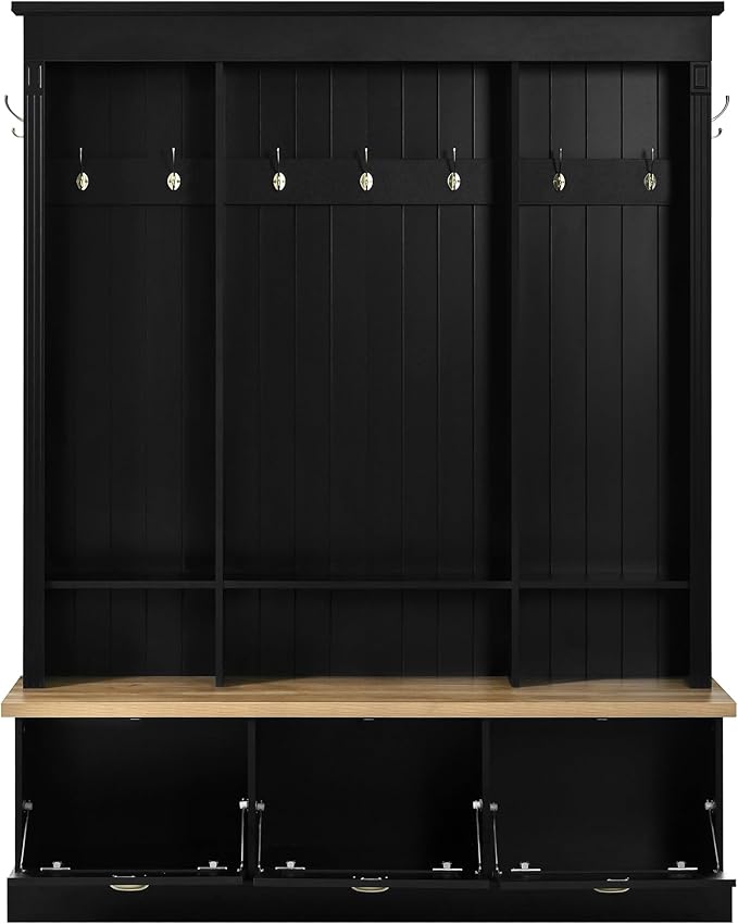 LUMISOL Hall Tree with Storage Bench, Entryway Coat Rack with LED Light and 3 Large Cabinets, Entryway Bench with Shelves and 9 Hooks, for Entrance Mudroom Living Room, Black
