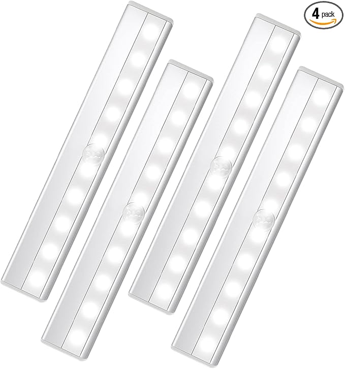 4 Pack LED Motion Sensor Lights, 10 LED Closet Battery Operated Lights, Stick-On Anywhere Magnetic Night Light Bar, Led Safe Light Indoor for Closet Stairs Wardrobe