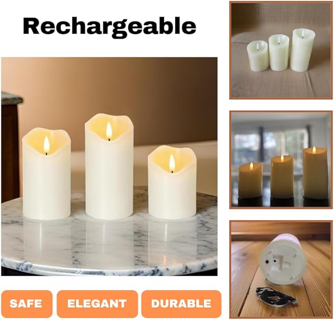 Rechargeable Flameless Candles Set of 3 | Real Wax LED Pillar Candles with Remote & Timer | Realistic Flickering Flame | Battery Operated | for Thanksgiving, Holiday, Halloween Decoration & Gift