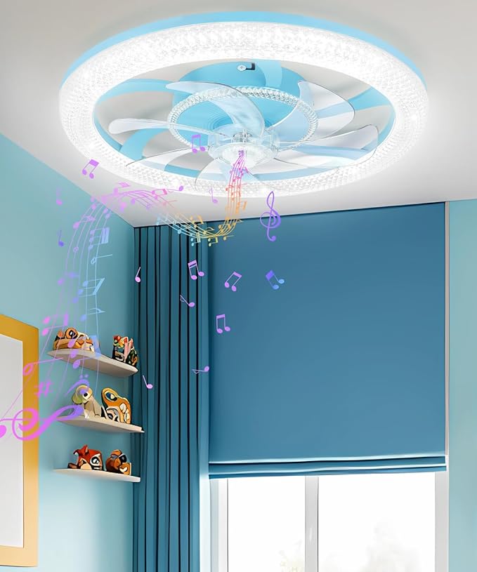 2 in 1 Wifi RGB-LED 20” Ceiling Fans with Lights and Remote, 3000-6500K Dimmable Flush Mount Smart Low Profile Ceiling Fan with Lights, Bluetooth Bladeless Fans with APP, for Bedroom, Blue