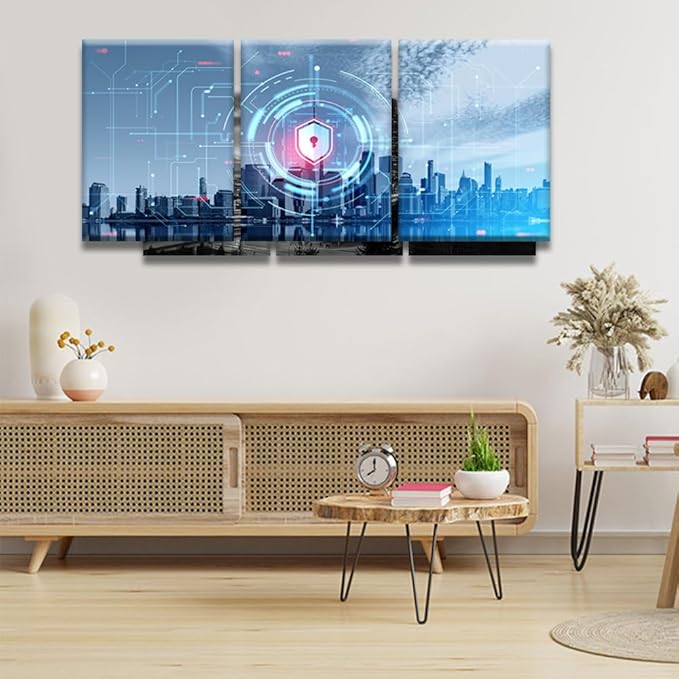 LSIUHWUWI 3 Piece Canvas Wall Art Digital Cybersecurity Concept Canvas Prints Art for Living Room Bedroom Decoration, Internet Security and Global Protection Framed Ready to Hang, 12x16inchx3