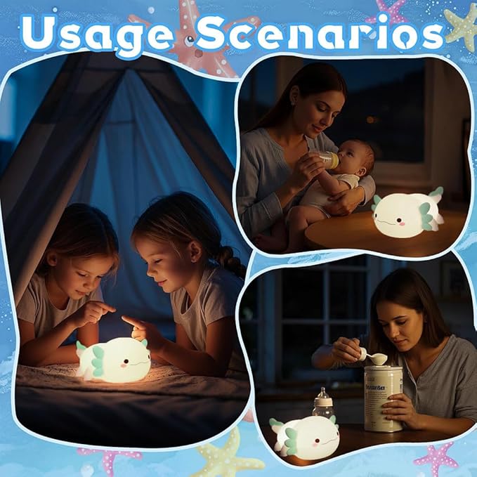 Cute Axolotl Night Light for Kids Bedroom, Animal Silicone Nursery Night Lamp Touch Control Nightlights USB Rechargeable Bedside Lamp for Baby Children Toddlers Girls Gift (Green Axolotl)