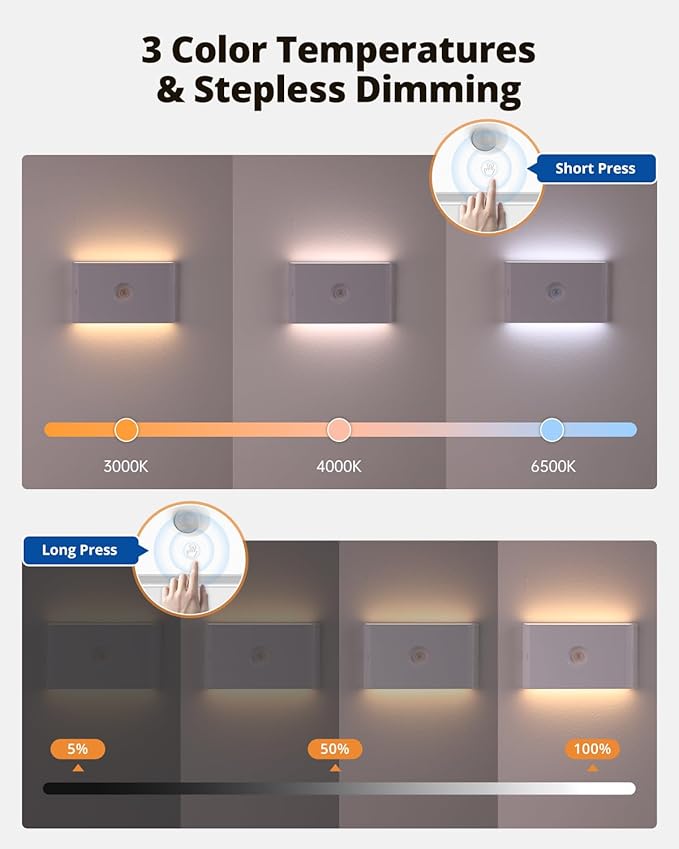 wowatt Rechargeable Motion Sensor Stair Light, White Night Lights with Magnetic Mount, Dimmable Stair Lights Indoor for Stairway, Hallway, Kitchen, Bathroom(6 Packs)